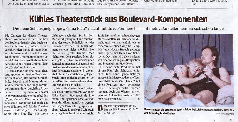„Kühles Theaterstück aus Boulevard-Komponenten” Rezension in der WAZ am 7.5.18 © WAZ, Funke Mediengruppe. Text: Gerd Bracht. Foto: Tanja Pickartz